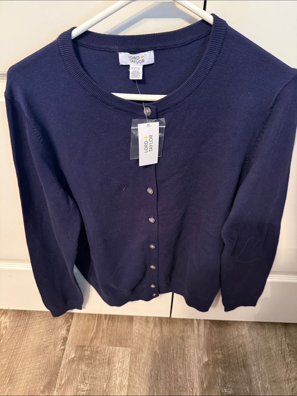 Lord & Taylor Navy Button-Front Crewneck Cardigan